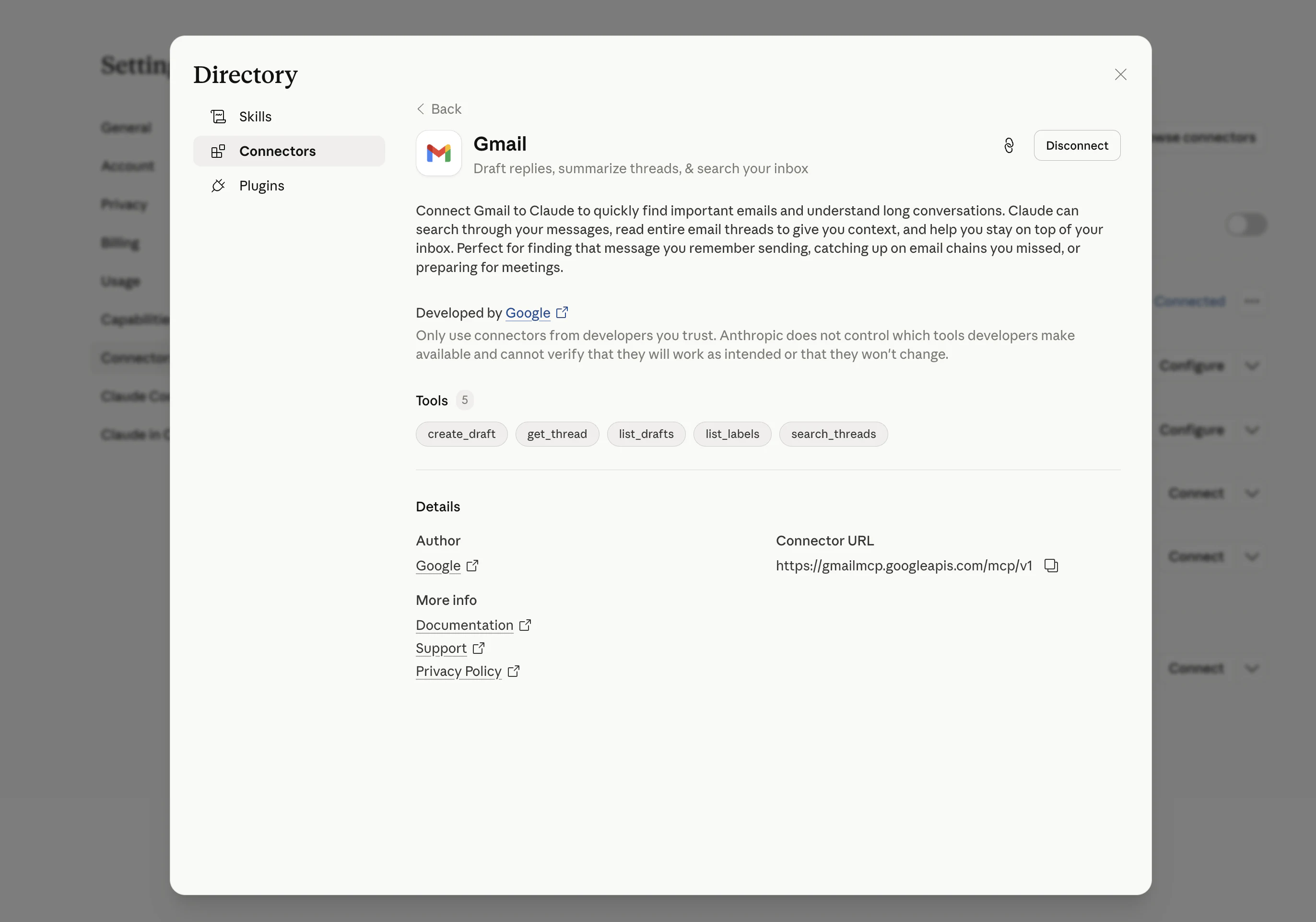 מסך Connectors של קלוד עם החיבור לג'ימייל - הרשאות create_draft, get_thread, list_drafts, list_labels, search_threads