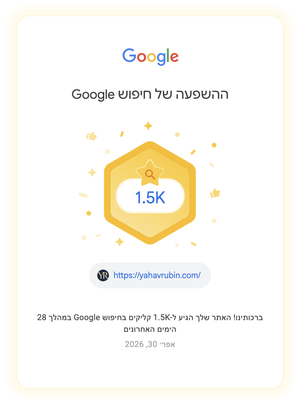 הודעה רשמית מ-Google: yahavrubin.com קיבל 1,500 קליקים בחיפוש Google ב-28 ימים, 30 באפריל 2026