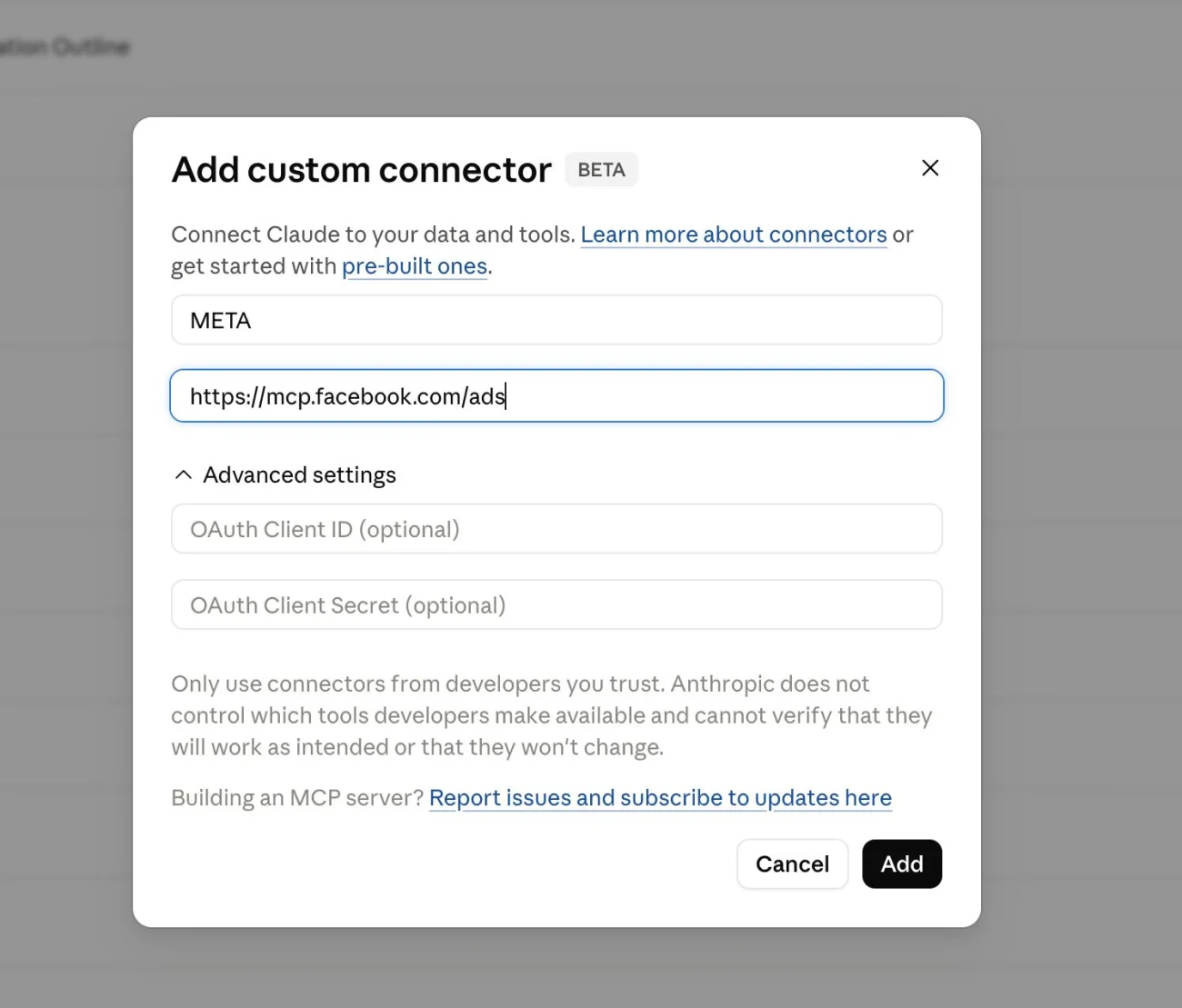 הזנת השם META וכתובת ה-MCP הרשמי של מטא mcp.facebook.com/ads בחלון Add custom connector